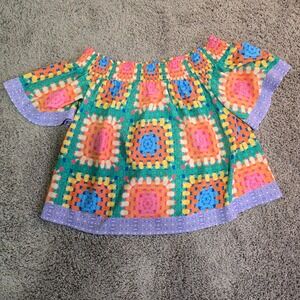 Flying Tomato Off Shoulder Granny Square Print Top IT11625 Multicolor Boho Small